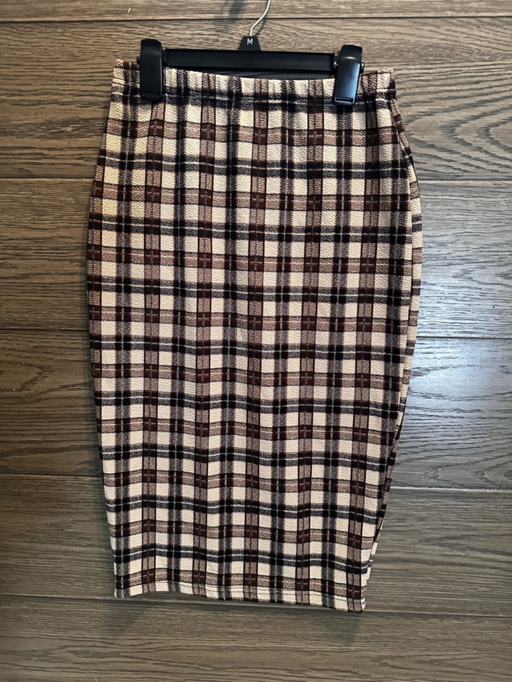 SHEIN Brown, Cream & Black Plaid Pencil Skirt